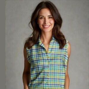 CASSANI Checkered Silk Sleeveless Button Down top size large